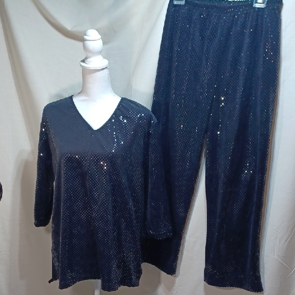 Suzanne Somers Loungewear Black Sequins Comfy Top Pant Medium